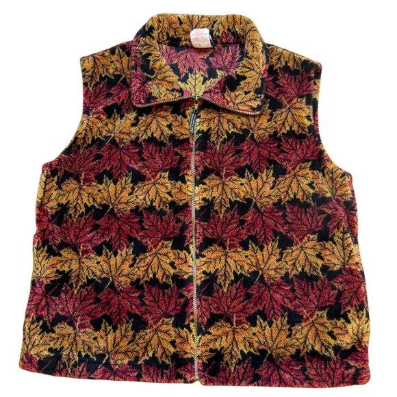 Vintage Chunky Fleece Vest Fall Leaves Print Made in Canada - Picture 1 of 7